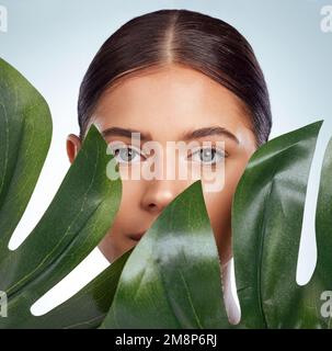 Nahaufnahme Porträt einer unbekannten Frau, die ihr Gesicht mit einem grünen Monstera Pflanzenblatt bedeckt. Kopfbild des kaukasischen Modells, das vor einem grauen Hintergrund in posiert Stockfoto