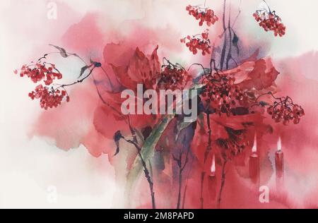 Rote Blumen und Beeren in Kerze, heller, wässriger Hintergrund Stockfoto