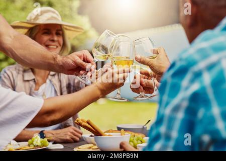 Vielfältige Gruppe von Freunden, die mit Weingläsern auf dem Weinberg anstoßen. Eine glückliche Gruppe von Menschen, die sich während der Weinprobe auf dem Bauernhof zusammengesessen haben Stockfoto