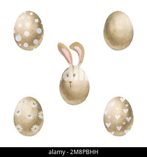 Hausgezeichneter Höhepunkt der Osterfeier in Aquarell. Ein Satz bemalter Eier mit Häschenohren und Gesichtern. Pastellfarben. Isoliert auf weißem Hintergrund. Für Stockfoto