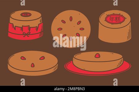Nian gao, chinesische Neujahrskuchen-Vektordarstellung. Chinesisches Neujahrsdessert Niangao im Doodle-Stil. Stock Vektor