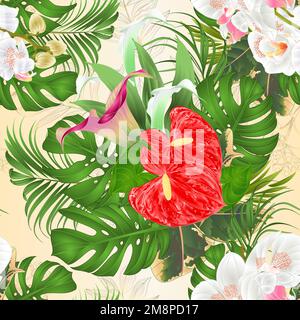 Nahtloses Bouquet mit tropischen Blumen Blumenarrangements, mit wunderschönen weißen Orchideen, Lilien Cala und Anthurium, Palmen, Philodendron und ficu Stock Vektor