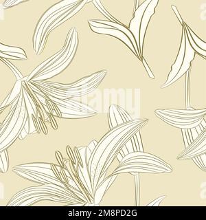 Nahtloser Stiel Lilienblume Lilium Candidum auf Sepia Hintergrund Vintage-Vektor-Illustration editierbar Handzeichnen Stock Vektor