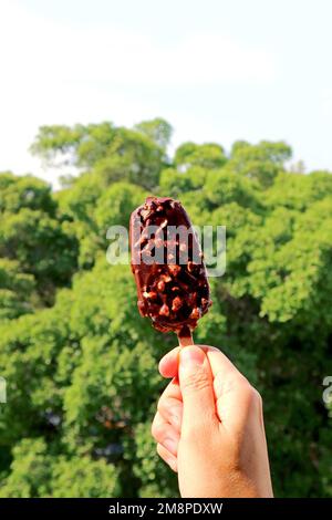 Hand Holding: Ein köstliches Schoko-Eisdipp mit grünem Laub im Hintergrund Stockfoto