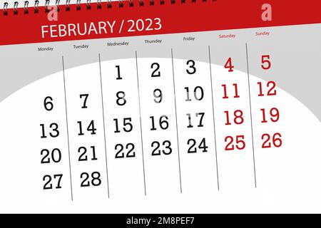 Kalender 2023, Frist, Tag, Monat, Seite, Organisator, Datum, februar. Stockfoto