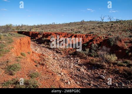 Menindee Australia, Outback-Szene mit rotem Boden und Erosion durch Sturzfluten Stockfoto