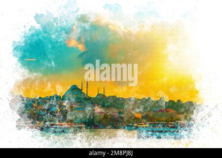 Aquarellkunst Istanbul-Silhouette mit Blick auf den Sonnenuntergang Stockfoto