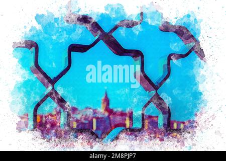 Aquarellkunst, Blick von der Galata-Brücke zum Galata-Turm. Blauer Tag. Stockfoto