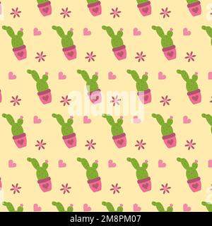 Nahtloses Muster mit Kaktus im Blumentopf und rosa Herzen auf gelbem Hintergrund. Vektordarstellung Stock Vektor