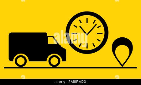 Schwarzes Uhrensymbol. Auf gelbem Hintergrund. Symbol für Lieferwagen. Zielsymbol. Liefergeschwindigkeit. Lebensmittellieferung, Paketzustellung. Transportlieferung. L Stockfoto
