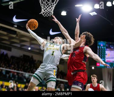 Januar 14 2023 Moraga CA, USA Der San Francisco Wachmann Tyrell Roberts (1) fährt während des NCAA Männer Basketballspiels zwischen den San Francisco Dons und den Saint Mary's Gaels auf den Korb. Saint Mary's besiegte San Francisco 78-61 im war Memorial Gym San Francisco Calif Thurman James/CSM Kredit: CAL Sport Media/Alamy Live News Stockfoto