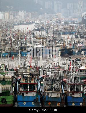 ZHOUSHAN, CHINA - 15. JANUAR 2023 - Eine große Anzahl von Fischerbooten ist in einem Luftangeln Hafen festgemacht, um die kalte Welle in der Stadt Zhoushan, EAS, zu vermeiden Stockfoto