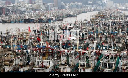 ZHOUSHAN, CHINA - 15. JANUAR 2023 - Eine große Anzahl von Fischerbooten ist in einem Luftangeln Hafen festgemacht, um die kalte Welle in der Stadt Zhoushan, EAS, zu vermeiden Stockfoto