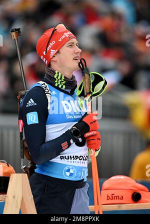 Ruhpolding, Deutschland. 15. Januar 2023. Biathlon, Weltmeisterschaft, 15 Kilometer, Männer. Benedikt Puppe aus Deutschland vor dem Start. Kredit: Sven Hoppe/dpa/Alamy Live News Stockfoto