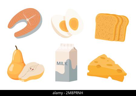 Essensset, Brot, Eier, Käse, Milch, Steak, Lachs und Birne Stock Vektor