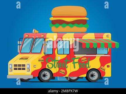 Street Food Truck mit großem Hamburger auf dem Dach Stock Vektor