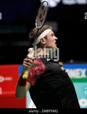 Kuala Lumpur, Malaysia. 15. Januar 2023. Viktor Axelsen von Denkmark feiert nach dem Sieg über Kodai Naraoka von Japan während des Finalspiels der Petronas Malaysia Open 2023 in der Axiata Arena. Viktor Axelsen von Denkmark gewann mit Punkten; 21/21 : 6/15 Kredit: SOPA Images Limited/Alamy Live News Stockfoto