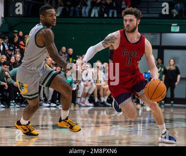 Januar 14 2023 Moraga CA, USA St. Mary's Guard Logan Johnson (0) fährt während des NCAA Männer Basketballspiels zwischen den San Francisco Dons und den Saint Mary's Gaels zum Basketball. Saint Mary's besiegte San Francisco 78-61 im war Memorial Gym San Francisco Calif Thurman James/CSM Kredit: CAL Sport Media/Alamy Live News Stockfoto