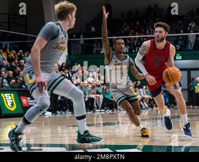 Januar 14 2023 Moraga CA, USA St. Mary's Guard Logan Johnson (0) fährt während des NCAA Männer Basketballspiels zwischen den San Francisco Dons und den Saint Mary's Gaels zum Basketball. Saint Mary's besiegte San Francisco 78-61 im war Memorial Gym San Francisco Calif Thurman James/CSM Kredit: CAL Sport Media/Alamy Live News Stockfoto