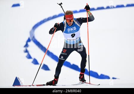 Ruhpolding, Deutschland. 15. Januar 2023. Biathlon, Weltmeisterschaft, 15 Kilometer, Männer. Roman Rees aus Deutschland in Aktion. Kredit: Sven Hoppe/dpa/Alamy Live News Stockfoto