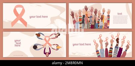 Uteruskarzinombewusstsein-Konzept. Gruppieren Sie verschiedene Kulturen weibliche Hände mit einem pinkfarbenen Band.Banner.Solidarität und Unterstützung für Frauen, die gegen die Gebärmutter kämpfen Stock Vektor