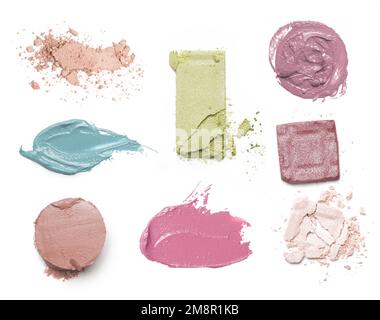 Satz verschiedener kosmetischer Proben auf weißem Hintergrund. Schönheits- und Make-up-Konzept. Stockfoto