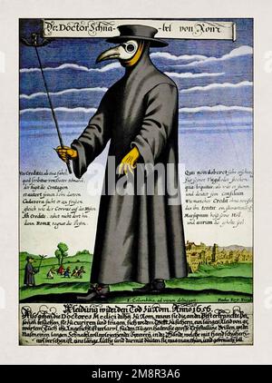 Illustration des 17. Jahrhunderts durch Paul Fürst von einem Pestarzt in Rom, mit einem satirischen makaronischen Gedicht. Stockfoto