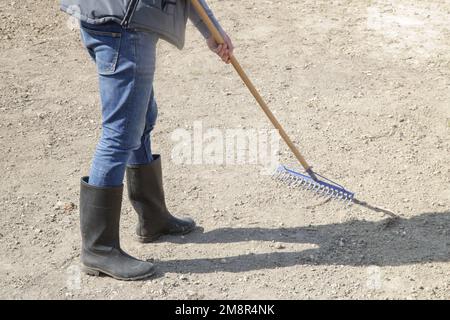 Der Landwirt verwendet einen Rechen, um eine feine obere Bodenschicht zu schaffen. Gras Pflanzen. Aussaat und Anbau eines Rasens. Eine Reihe von Fotos. Stockfoto