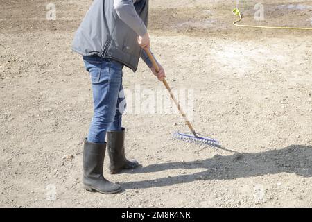 Der Landwirt verwendet einen Rechen, um eine feine obere Bodenschicht zu schaffen. Gras Pflanzen. Aussaat und Anbau eines Rasens. Eine Reihe von Fotos. Stockfoto