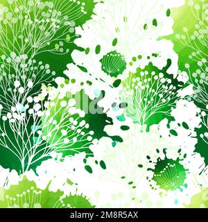 Wunderschönes, nahtloses Muster aus Blumen und grünen Flecken. Handgemalter Hintergrund. Vektordarstellung. Stock Vektor