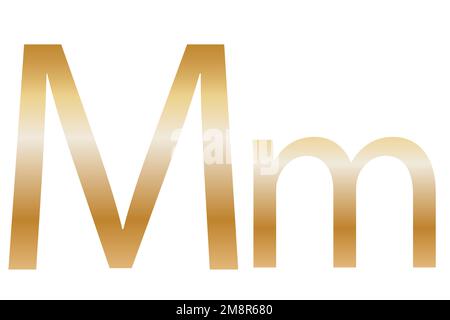 Der Buchstabe M. Goldene Farbe mit einem Verlauf. Klassische Schriftart. Isoliert auf weißem Hintergrund. Stockfoto