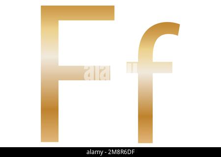 Buchstabe F. Goldene Farbe mit einem Verlauf. Klassische Schriftart. Isoliert auf weißem Hintergrund. Stockfoto