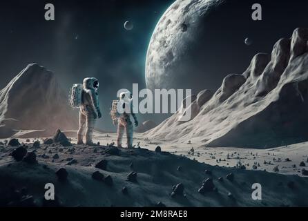 Astronaut steht auf der Oberfläche des Mondes mit Erdhintergrund Stockfoto