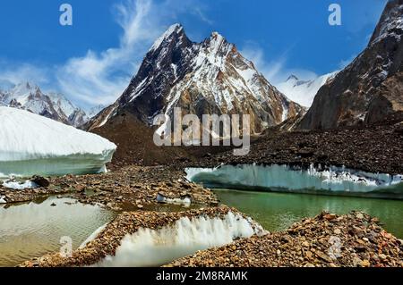 Majestätischer Blick auf den 6.010 Meter hohen Mitre-Gipfel und den Gletschersee in der Nähe der Concordia in der Karakoram-Gebirgskette, Pakistan Stockfoto