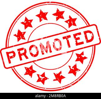 Grunge Red Promotionwort mit Sternsymbol und rundem Gummisiegelstempel auf weißem Hintergrund Stock Vektor