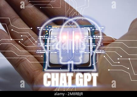 Konzeptionell ist ChatGPT ein KI-Chatbot oder künstliche Intelligenz, der auf natürliche Weise über Nachrichten mit Menschen kommunizieren kann. Stockfoto