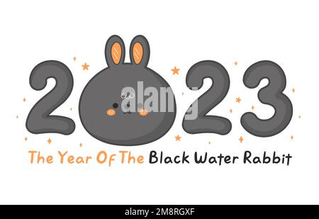 Süße lustige 2023-Neujahrsnummer mit Symbol Kaninchen. Vektor-Cartoon Kawaii-Figur Abbildung 2023 Symbol. Kaninchen, Häschen-Symbol für Neujahr, Nummer, Buchstaben, Zitat-Zeichen-Konzept Stock Vektor