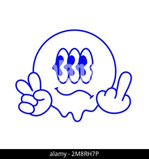 Lächelndes Gesicht mit Peace-Hippie-Geste und Mittelfinger-T-Shirt-Druck. Vektor handgezeichnete Zeichentrickfigur Illustration. Smile Emoji-Gesicht, Friedensgestendruck für T-Shirt, Poster, Aufkleber, Logo-Konzept Stock Vektor
