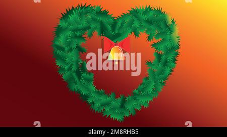 Ein herzförmiger Weihnachtskranz an der Tür mit einer Glocke und einer roten Schleife. Frohes neues Jahr Frohe Weihnachten. Stock Vektor