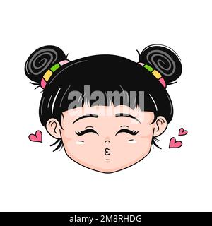 Süßes, lustiges Mädchen-Gesicht im Anime-Japan-Stil. Vektor handgezeichnete Zeichentrickfigur Kawaii-Zeichen Logo-Symbol. Süße Japan-Anime, Manga-Mädchen, Lady-Kuss-Cartoon-Kawaii-Konzept Stock Vektor