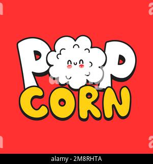 Süßes fröhliches, lustiges Popcorn-Logo-Design. Von Hand gezeichneter Vektor-Cartoon Kawaii-Figur Abbildung Aufkleber Logo-Symbol. Süßes, fröhliches Popcorn-Cartoon-Poster-Konzept Stock Vektor