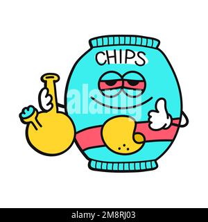 Lustige Chips-Tasche mit Bong. Vector Kawaii-Zeichentrickfilm-Design. Gras, Cannabis, Marihuana, Chips, Bong-Aufdruck für T-Shirt, Logo, Poster, Aufkleber Stock Vektor