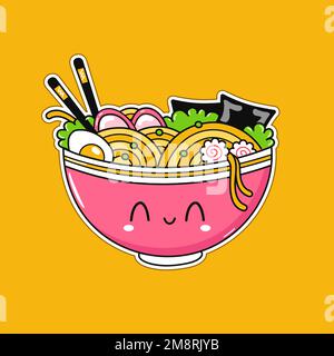 Süße, lustige Ramen-Schüssel. Vektor handgezeichnete Zeichentrickfigur Kawaii-Zeichen Logo-Symbol. Süße japanische Anime, Ramen-Schüssel im Manga-Stil, Nudel-Cartoon-Kawaii-Konzept Stock Vektor