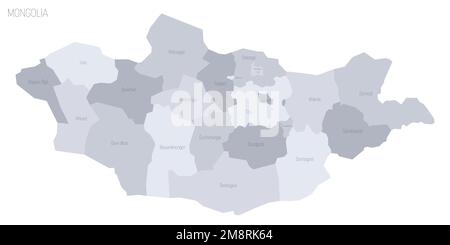 Politische Karte der Mongolei der Verwaltungsabteilungen - Provinzen und khot Ulaanbaatar. Graue Vektorkarte mit Beschriftungen. Stock Vektor