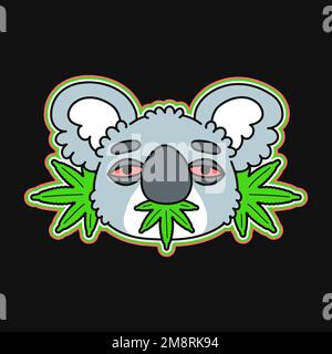 Lustiger Koalabär frisst Marihuanablätter. Logo-Symbol für Vektor-Zeichentrickstil mit Figur. Isoliert auf weißem Hintergrund. Koala, Gras, Cannabisdruck für T-Shirt, Aufkleber, Logo, Poster Stock Vektor