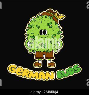 Süße Cannabis-Knospen-Figur. Deutsches Knospen-Logo-Konzept. Vektorzeichensymbol. Marihuana, Unkrautknospe in traditionellem deutschem Kostümdruck für T-Shirt, Aufkleber, Logo, Posterkonzept Stock Vektor