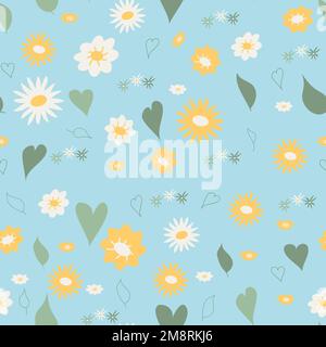 Nahtloses Federmuster. Frischer Hintergrund mit Blumen, Blättern und Herzen. Einfaches Vektormuster für Textilien. Stock Vektor