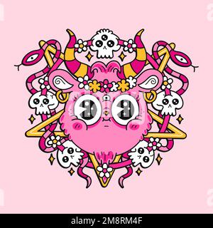 Komischer Ziegensatankopf und Pentagramm. Logo mit Vektor-Cartoon-Figur. Süßes Lächeln, Ziegengesicht, Dämon, Satanmuster für T-Shirt, Poster Art Konzept Stock Vektor