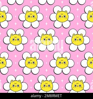 Süßes, lustiges Kawaii Katzengesicht in Blume Nahtloses Muster Art. Vektor Cartoon Kawaii Figur Illustration Design. Positives Vintage Lächeln Gesicht,Katze,kätzchen,Blume Nahtloses Muster Konzept Stock Vektor