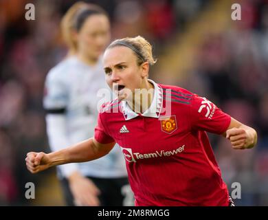 Leigh, Großbritannien. 15. Januar 2023. Leigh, England, Januar 15. 2023: Martha Thomas (9 Manchester United) feiert das fünfte Tor ihres Teams beim Barclays FA Womens Super League-Fußballspiel zwischen Manchester United und Liverpool im Leigh Sports Village in Leigh, England. (James Whitehead/SPP) Kredit: SPP Sport Press Photo. Alamy Live News Stockfoto